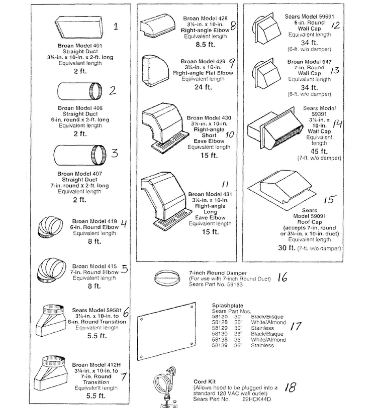 Instalation Parts Diagram and Parts List for  Kenmore Range Hood