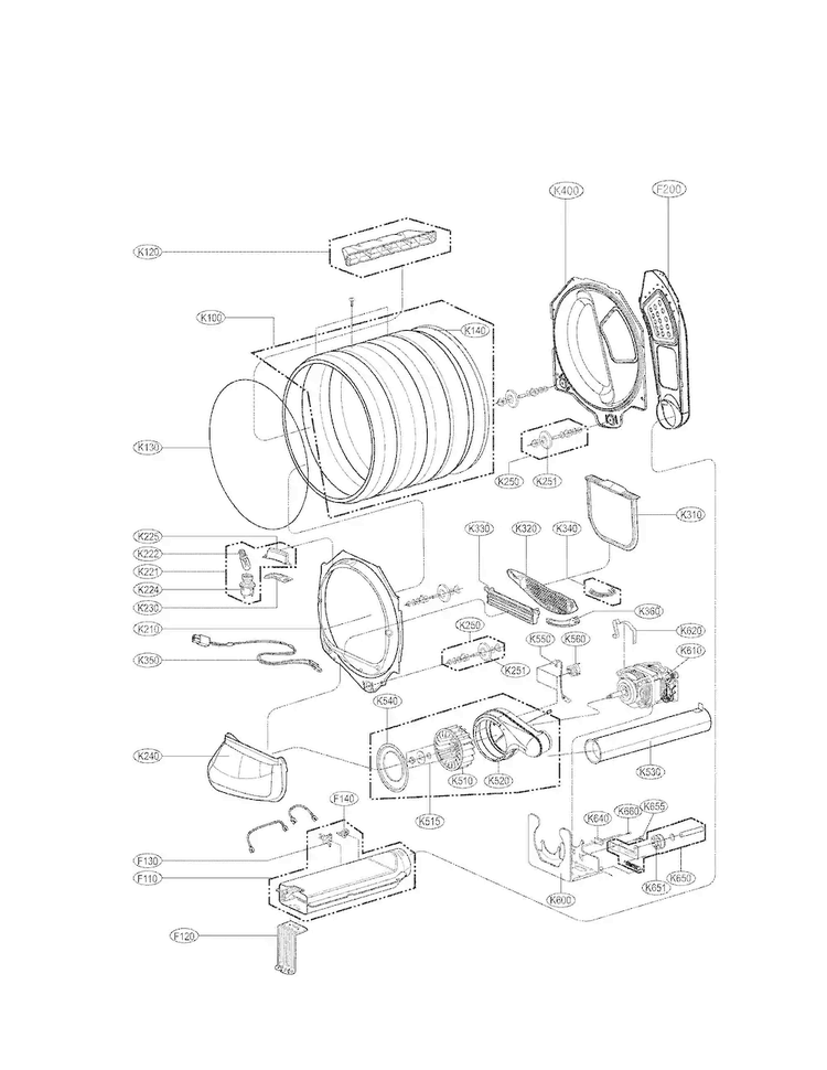 Drum And Motor Assembly Parts Diagram and Parts List for  LG Dryer