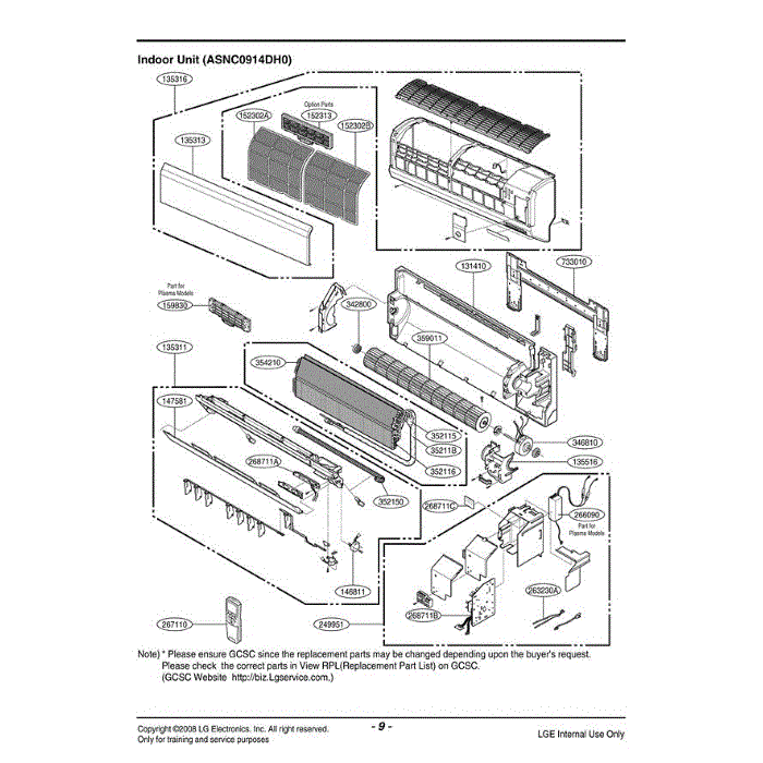 Section Diagram and Parts List for LSN092CE AWHBEUS LG Air Conditioner