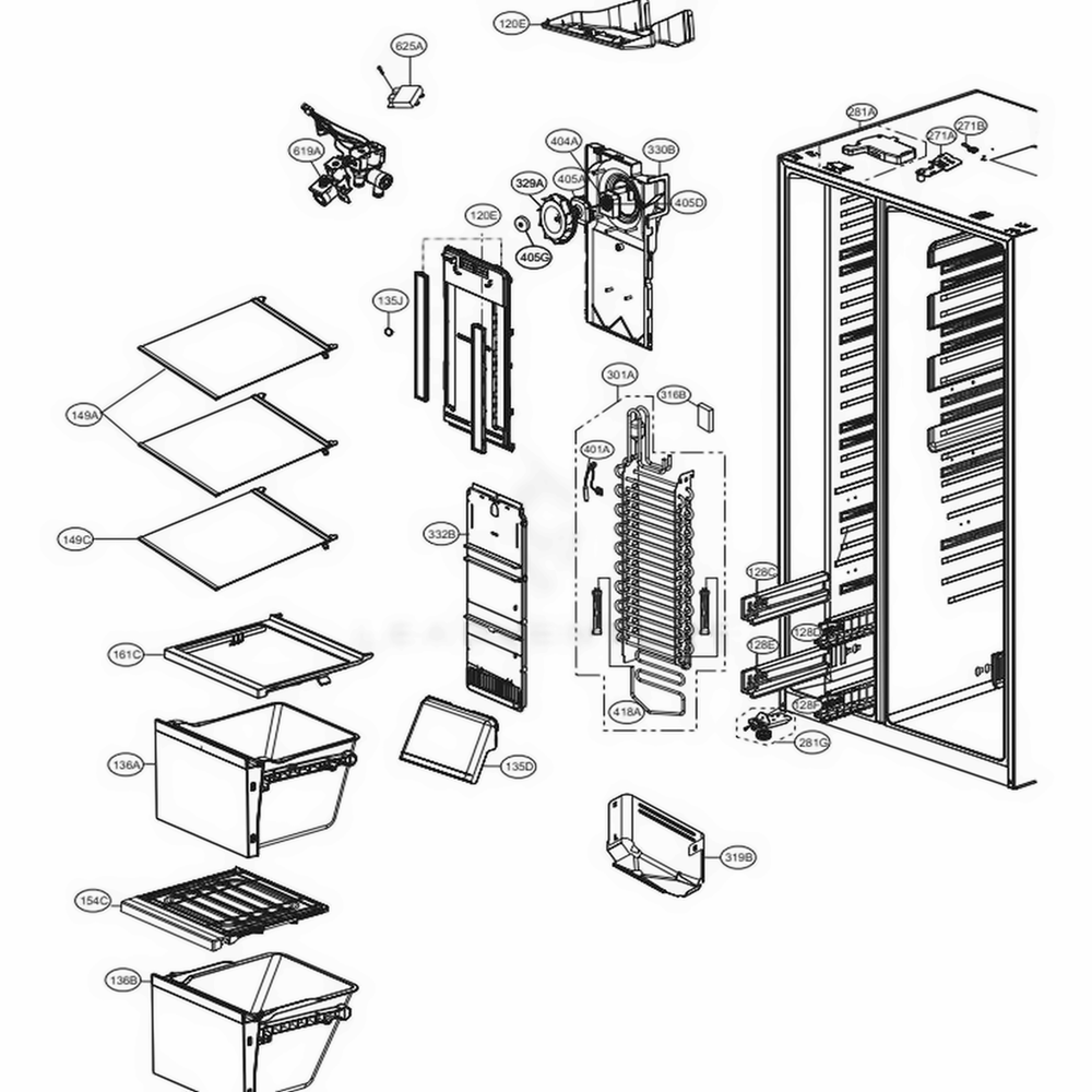 Freezer Compartment Diagram and Parts List for AWBCSE0 LG Refrigerator
