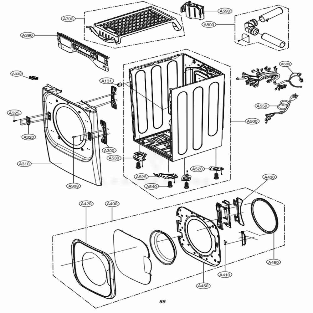 Cabinet And Door Assembly: Gas Type Diagram and Parts List for ABWEEUS LG Dryer