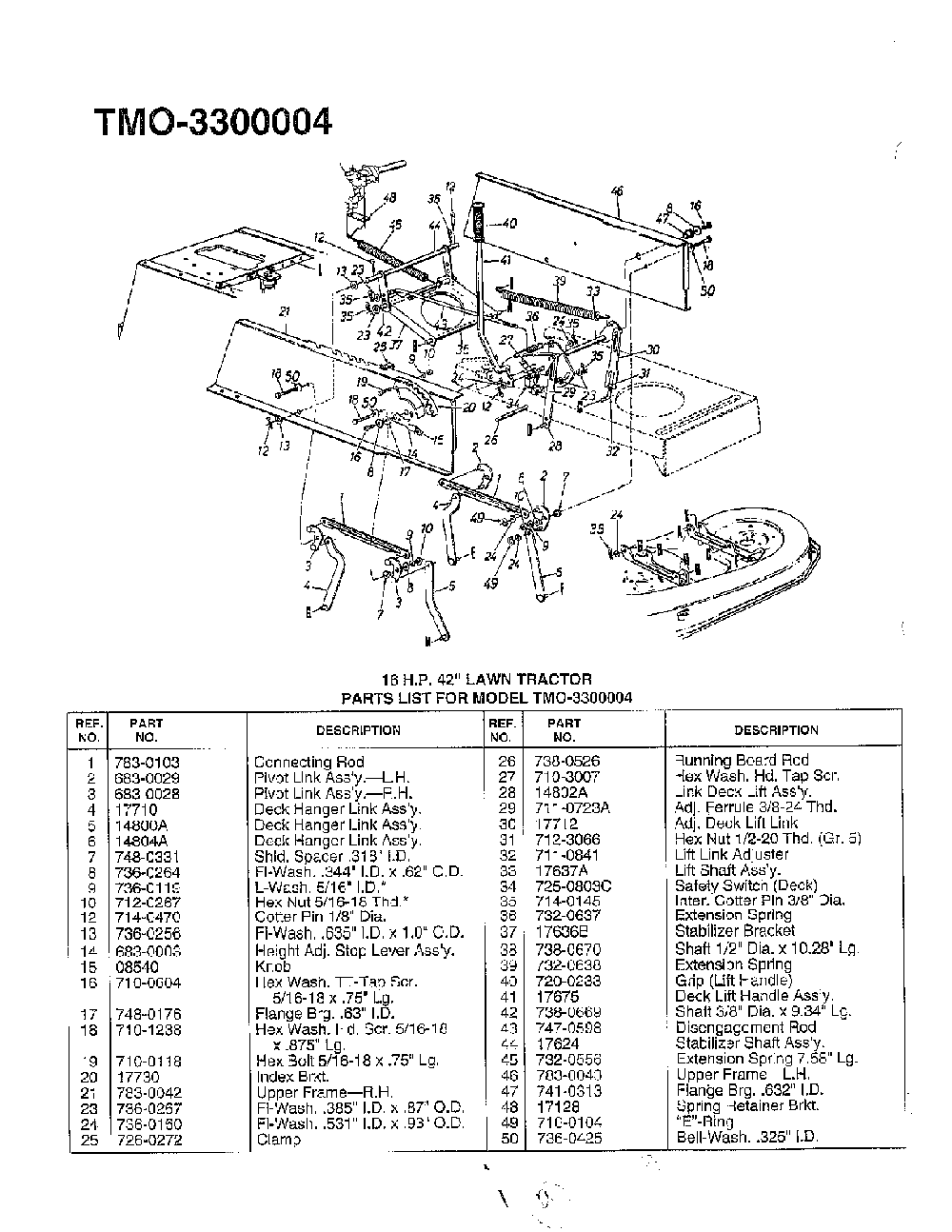 42" lawn tractor Diagram and Parts List for  MTD Lawn Tractor