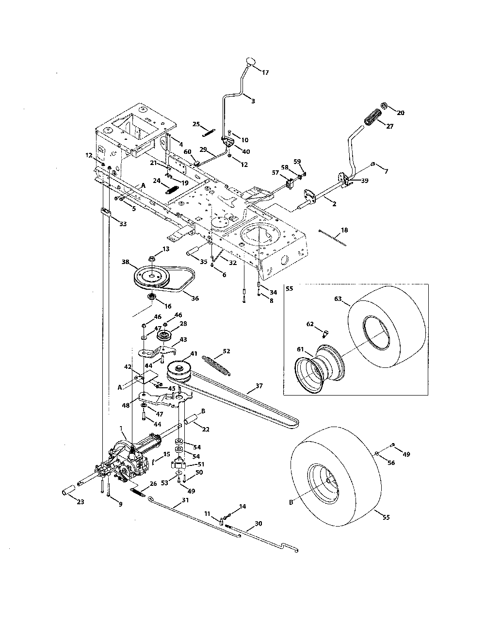 Transmission Diagram and Parts List for  MTD Lawn Tractor