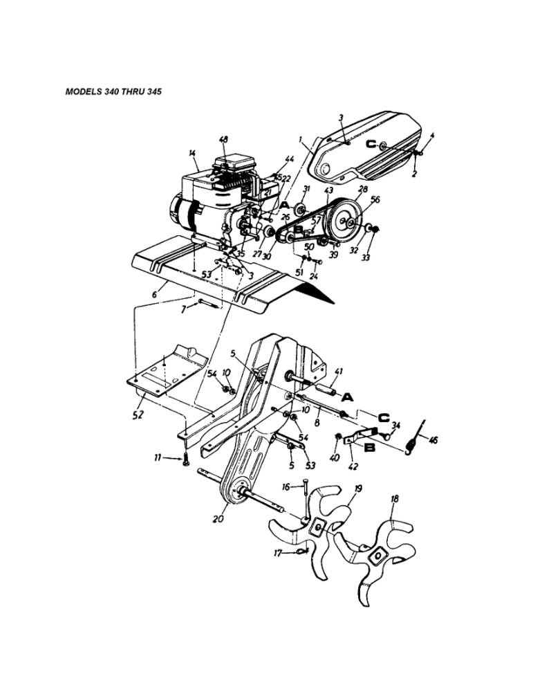 Engine/Tine Shield/Chain Case Diagram and Parts List for  MTD Tiller