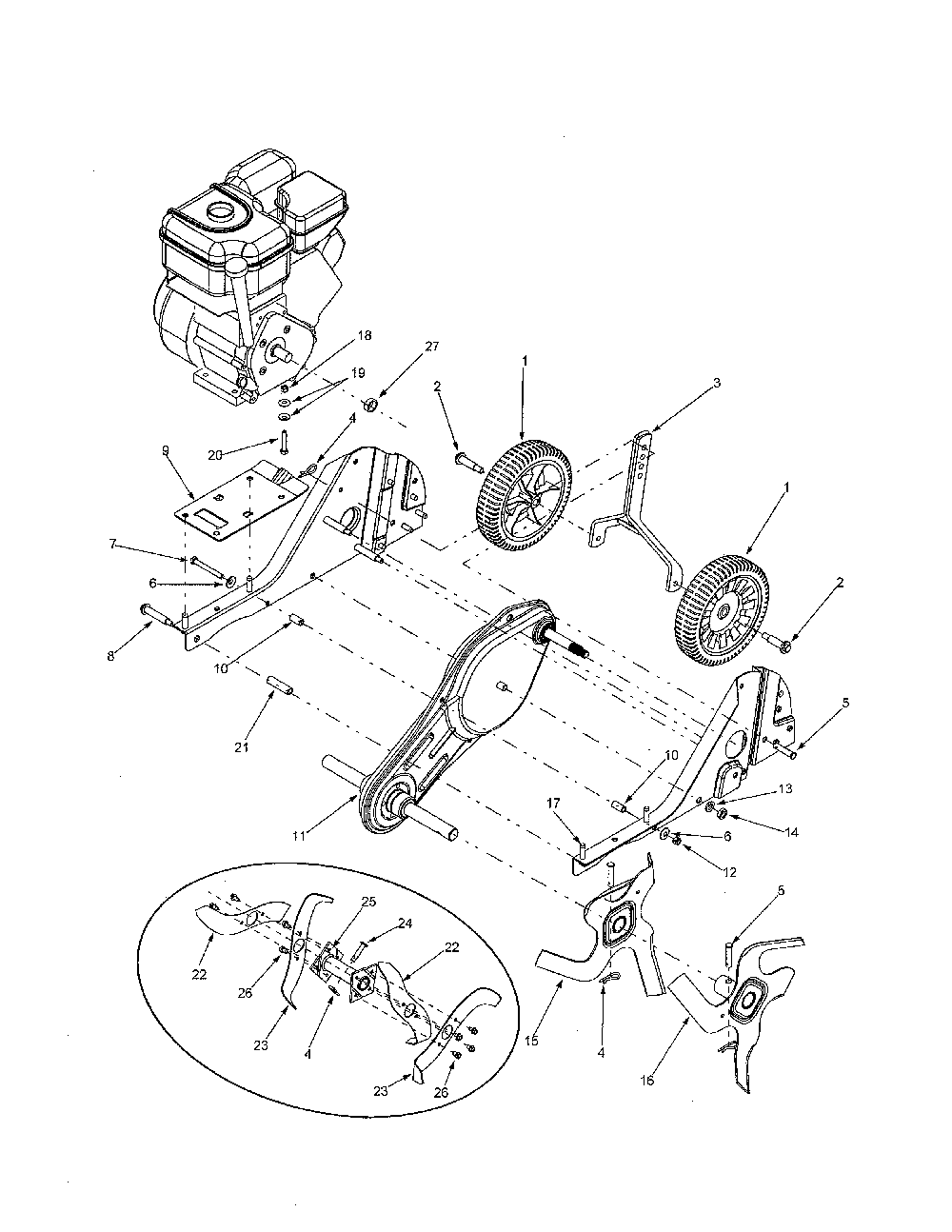 Tine assembly/wheels Diagram and Parts List for  MTD Tiller