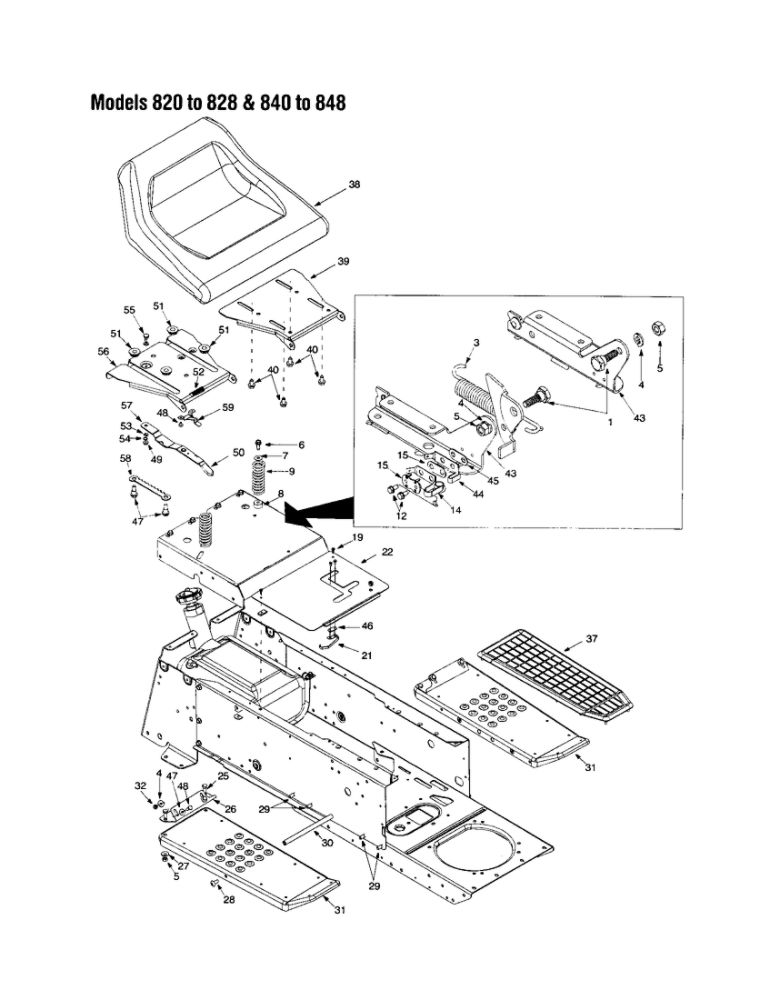 Seat Assembly Diagram and Parts List for THRU 828 MTD Lawn Tractor