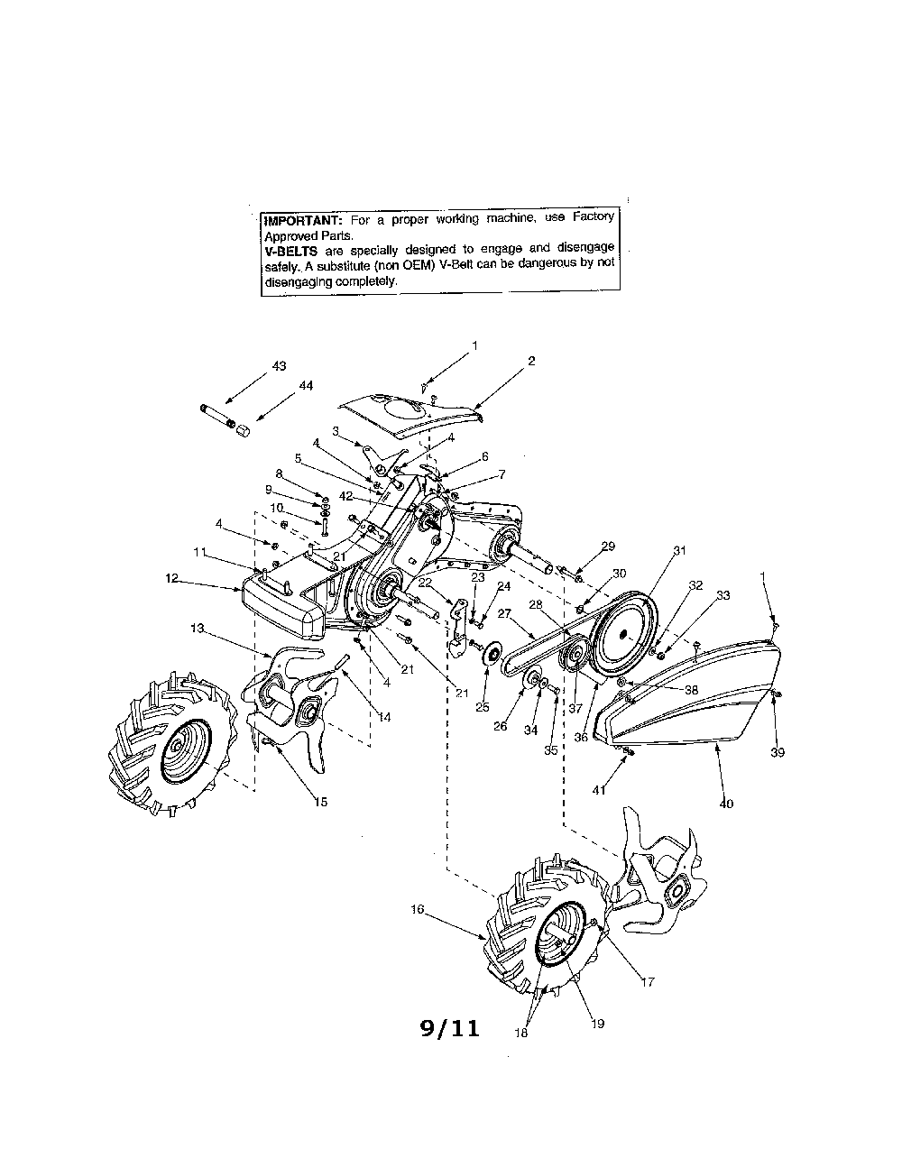 Tine/wheels Diagram and Parts List for  MTD Tiller