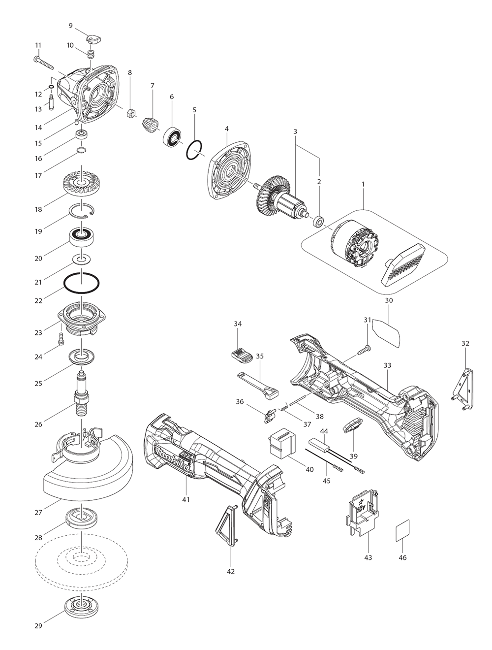 Page 1 Diagram and Parts List for  Makita Grinder