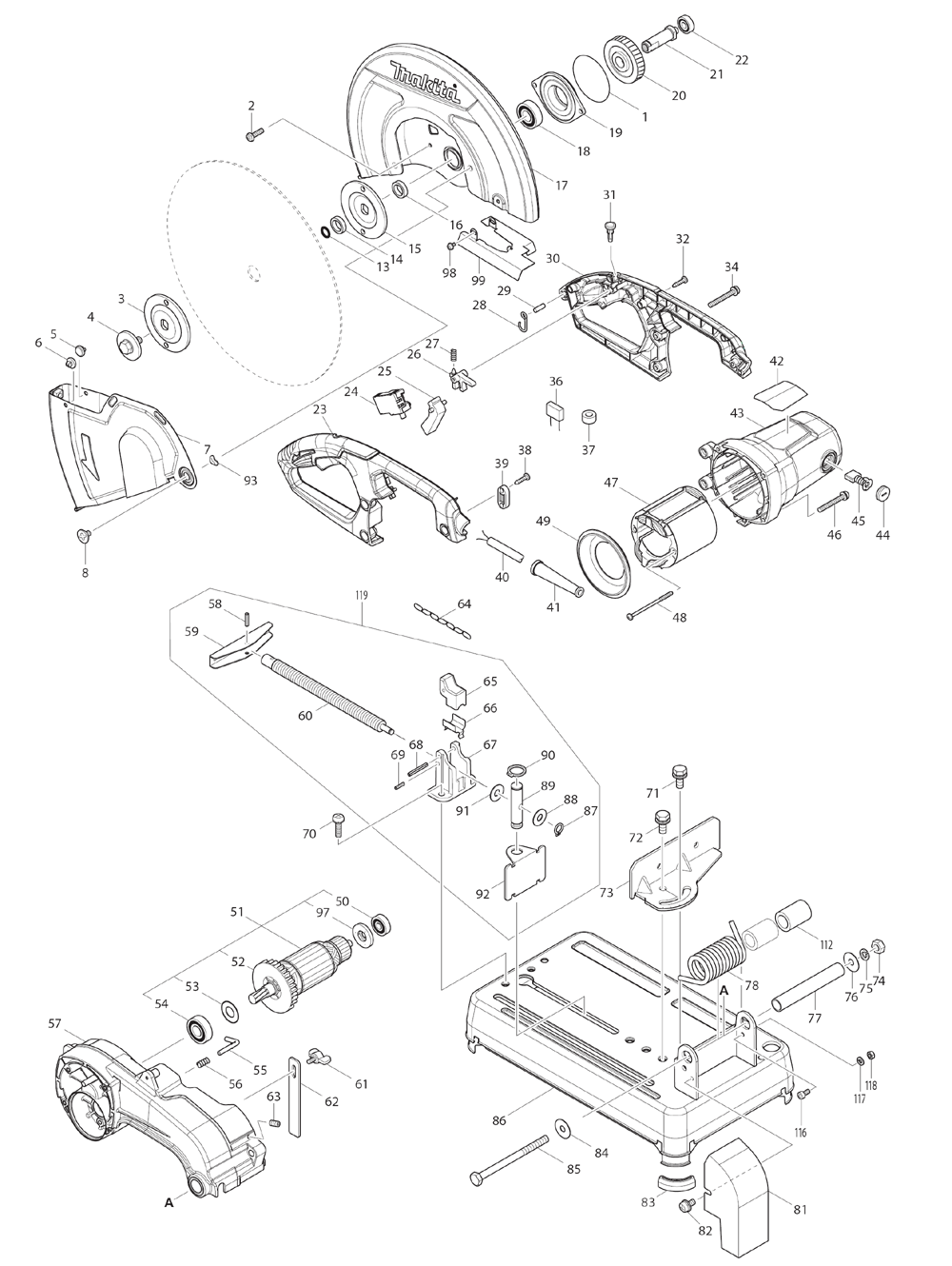 Page 1 Diagram and Parts List for  Makita Saw