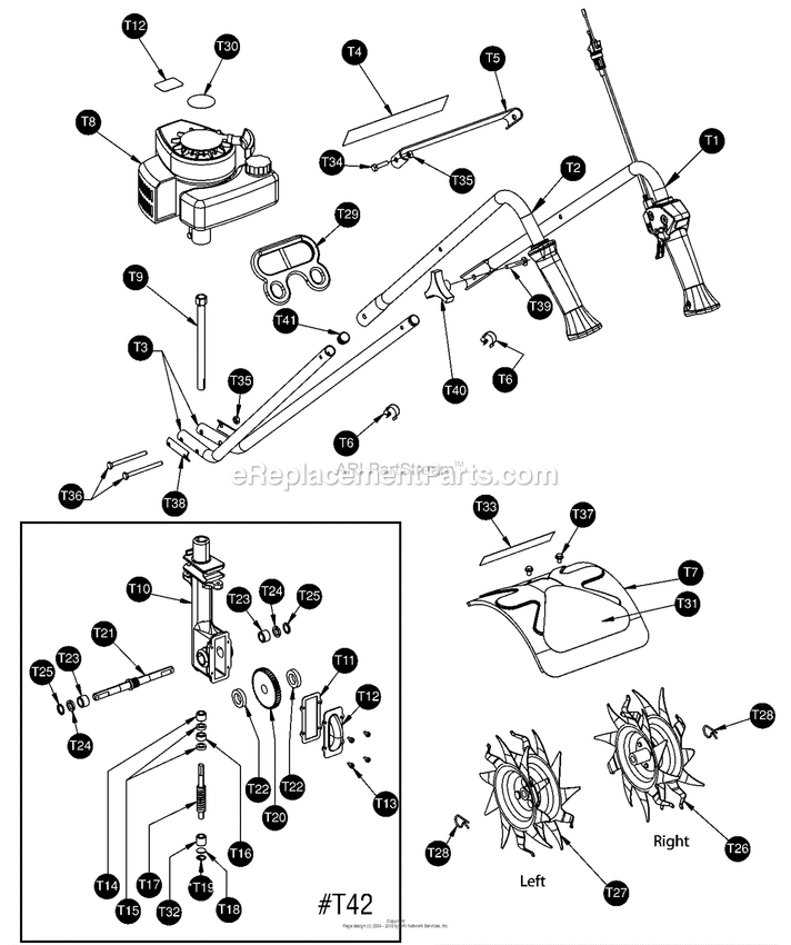 Main Assembly Diagram and Parts List for  Mantis Tiller