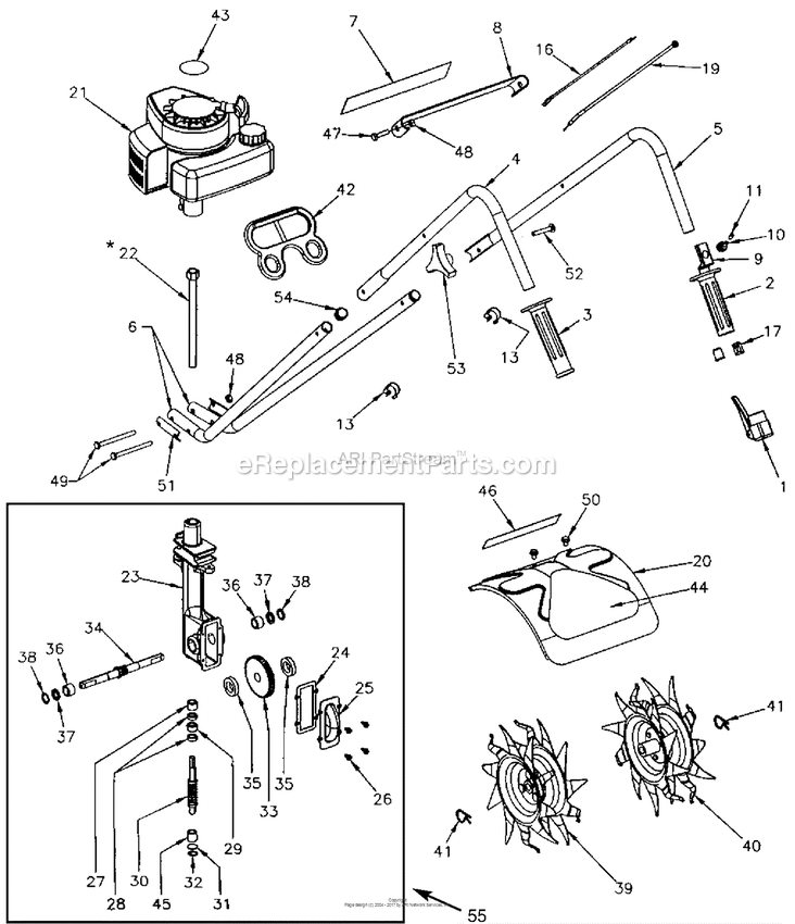 Main Assembly Diagram and Parts List for 2001-01 to 2004-03 Mantis Tiller