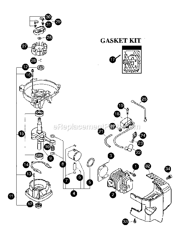 Block / Gasket Kit Diagram and Parts List for  Mantis Tiller