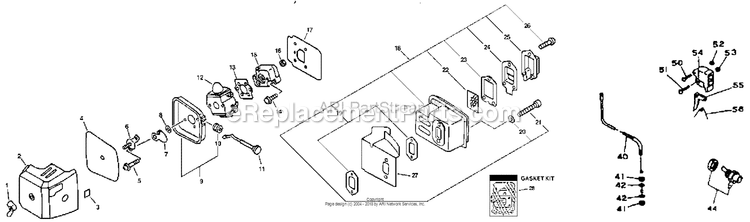 Air Cleaner, Muffler, Throttle Diagram and Parts List for 2001-01 to 2004-03 Mantis Tiller