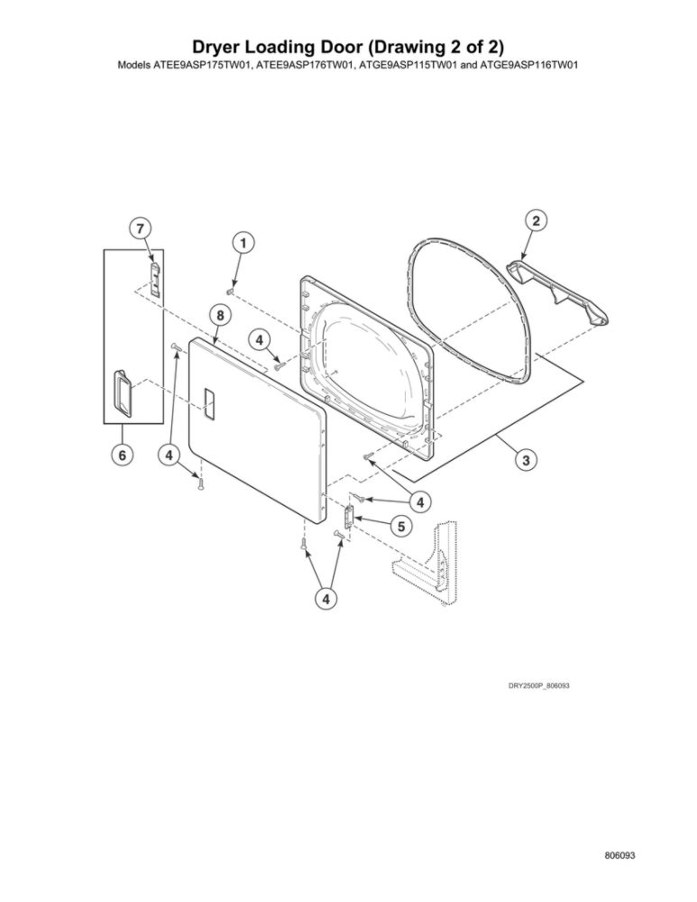 Dryer Loading Door 2 Diagram and Parts List for  Speed Queen Washer Dryer Combo