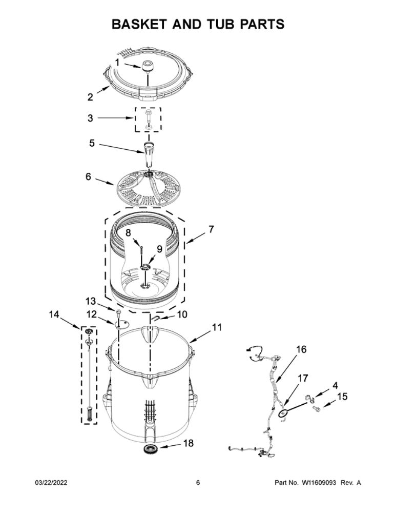 Basket And Tub Parts Diagram and Parts List for  Amana Washer