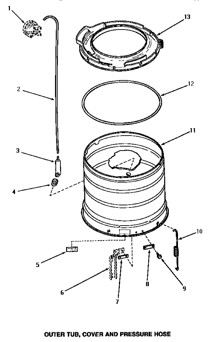 OUTER TUB, COVER & PRESSURE HOSE Diagram and Parts List for  Amana Washer