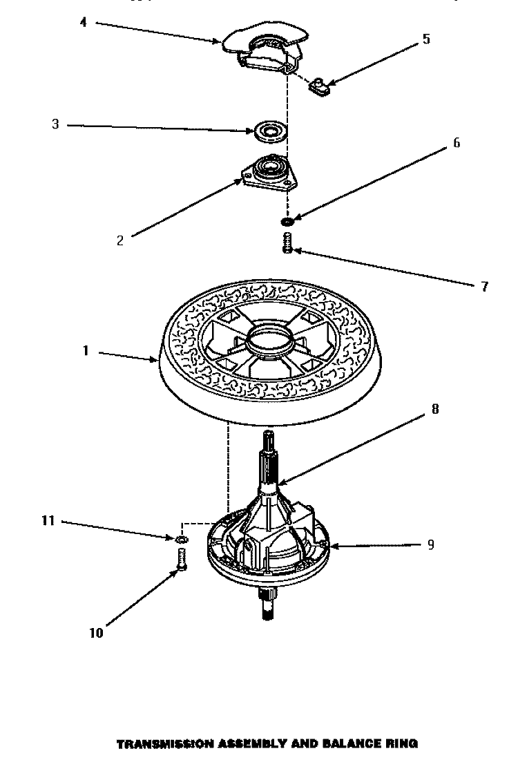 TRANSMISSION ASSY & BALANCE RING Diagram and Parts List for P1163204W L Amana Washer