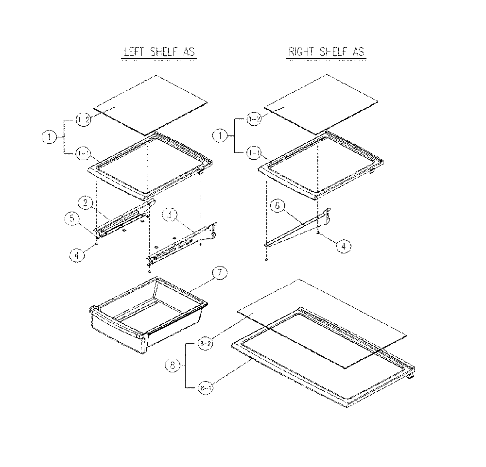 Glass Shelves Diagram and Parts List for 11160515911  Kenmore Refrigerator