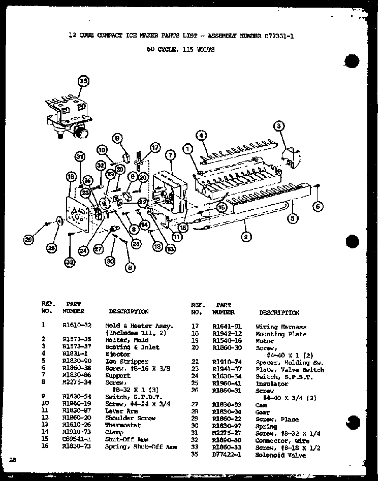 12 Cube Compact Ice Maker Diagram and Parts List for SLDI25F-P7642102W  Amana Refrigerator