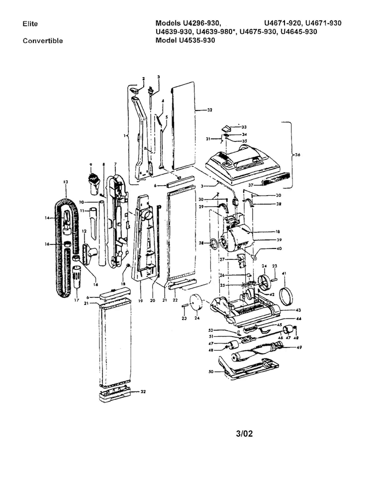 Vacuum Assembly Diagram and Parts List for U4671-920  Hoover Upright Vacuum