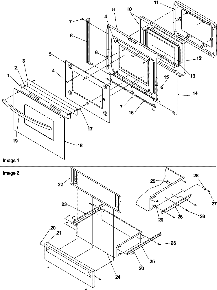 Oven Door and Storage Drawer Diagram and Parts List for ARRS6550LL P1130647NLL Amana Range
