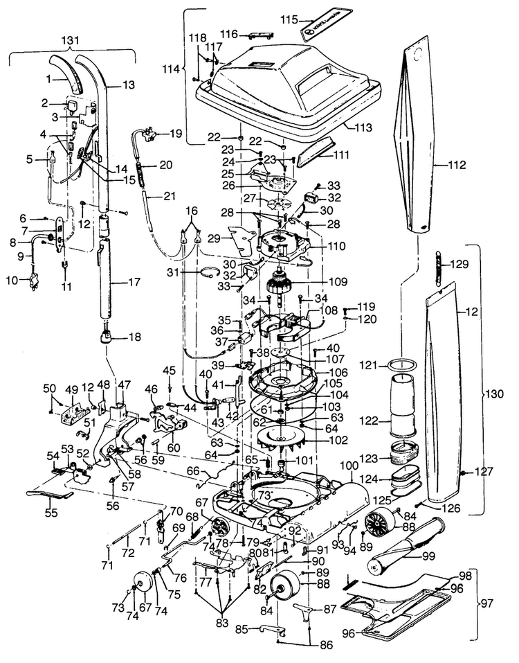 Motor, Handle, Mainbody, Outerbag, Hood Diagram and Parts List for U4123  Hoover Upright Vacuum