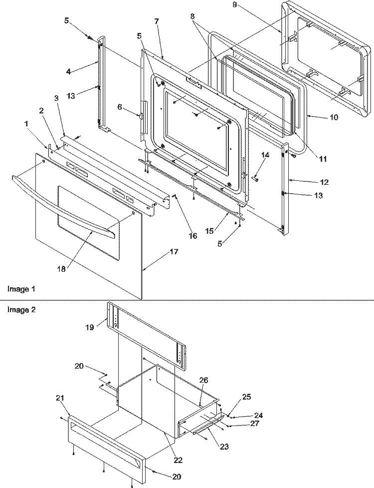 Oven Door and Storage Drawer Diagram and Parts List for ARTC8600WW P1143819NWW Amana Range
