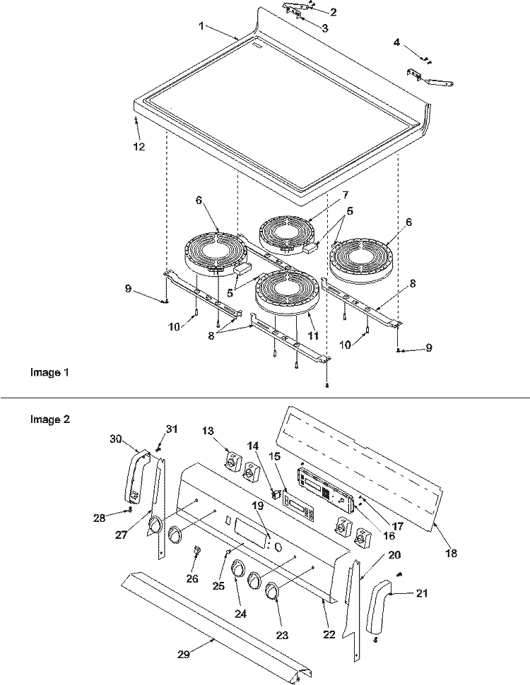 Main Top and Backguard Diagram and Parts List for CST6003W P1143840N W Amana Range