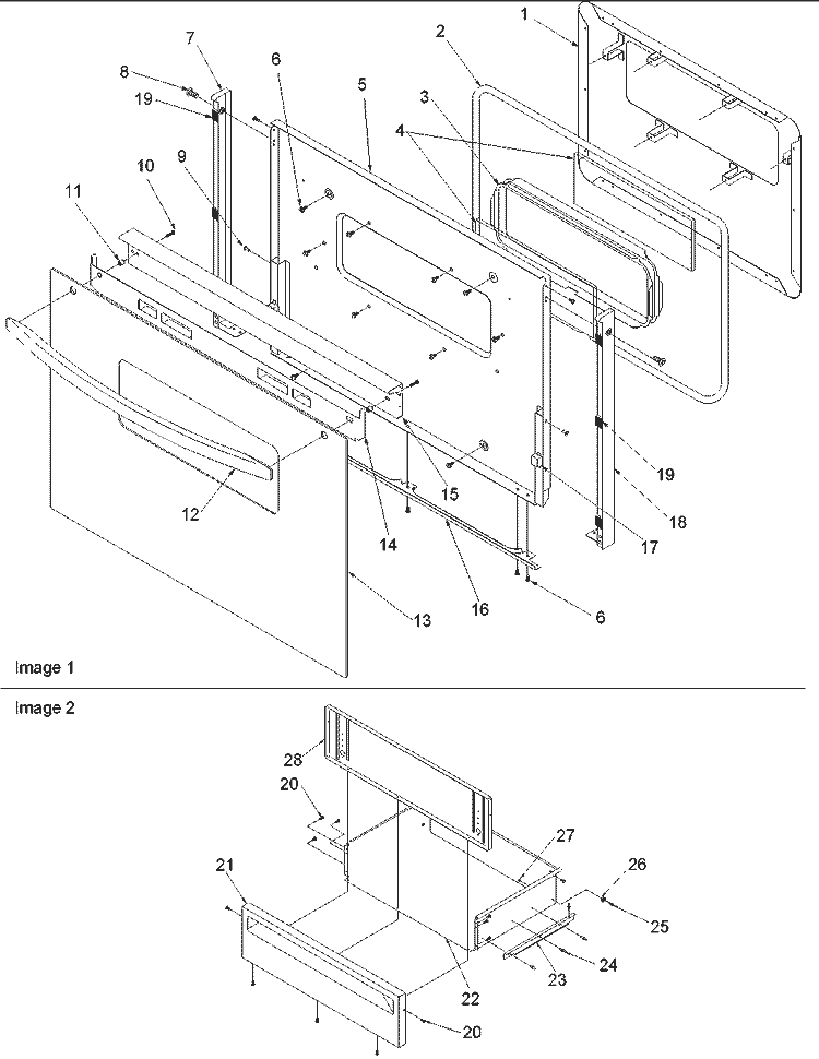 Oven Door and Storage Drawer Diagram and Parts List for CSG7103W P1143397N W Amana Range
