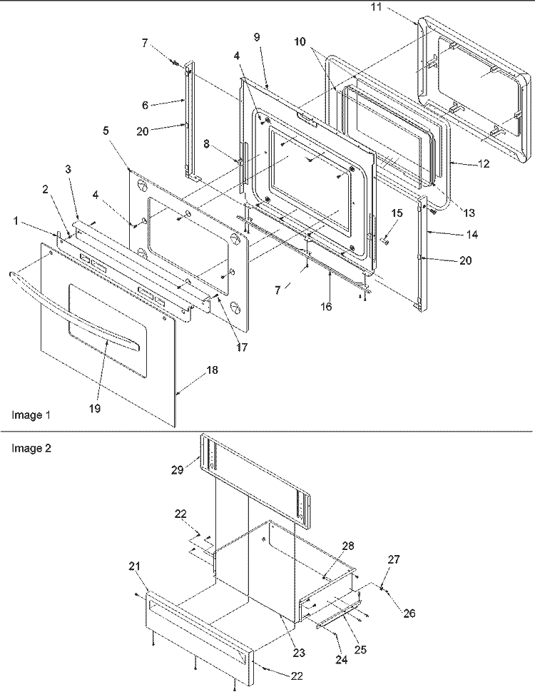 Oven Door and Storage Drawer Diagram and Parts List for ARTS6650WW P1130678NWW Amana Range