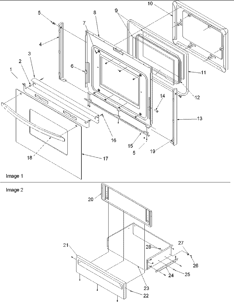 Oven Door and Storage Door Diagram and Parts List for CST6512WW P1143841NWW Amana Range