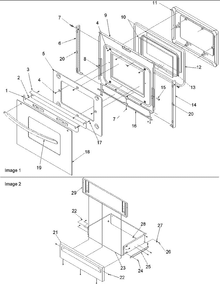 Oven Door and Storage Drawer Diagram and Parts List for CSTC7512WW P1143842NWW Amana Range