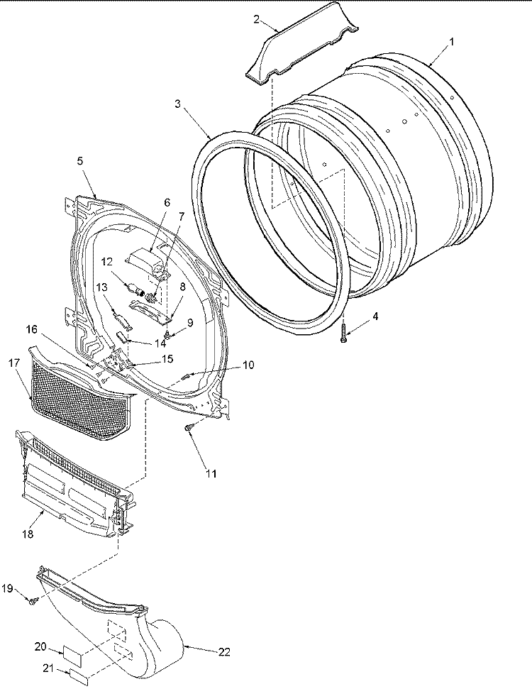 FRONT BULKHEAD, AIR DUCT & CYLINDER Diagram and Parts List for PLEA30AW Amana Dryer