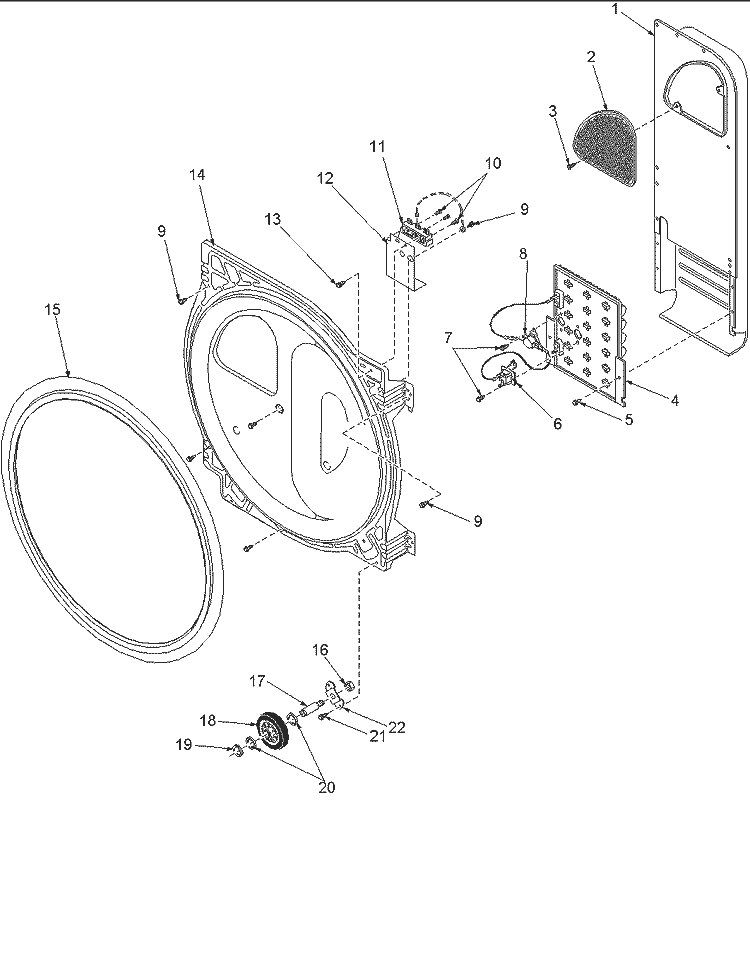 REAR BULKHEAD, FELT SEAL & ROLLERS Diagram and Parts List for PLEA30AW Amana Dryer