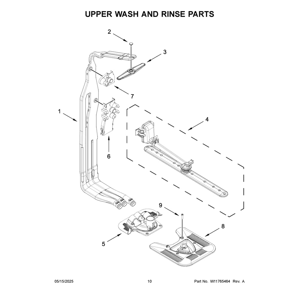 Upper Wash And Rinse Parts Diagram and Parts List for  Maytag Dishwasher