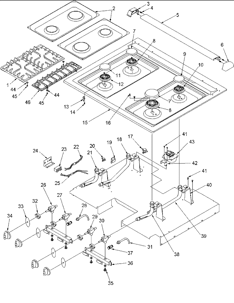 MAIN TOP Diagram and Parts List for PACS3350AC0 Amana Range