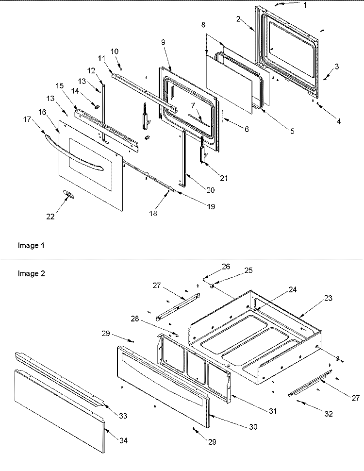 OVEN DOOR AND STORAGE DRAWER Diagram and Parts List for PACF3325AW0 Amana Range