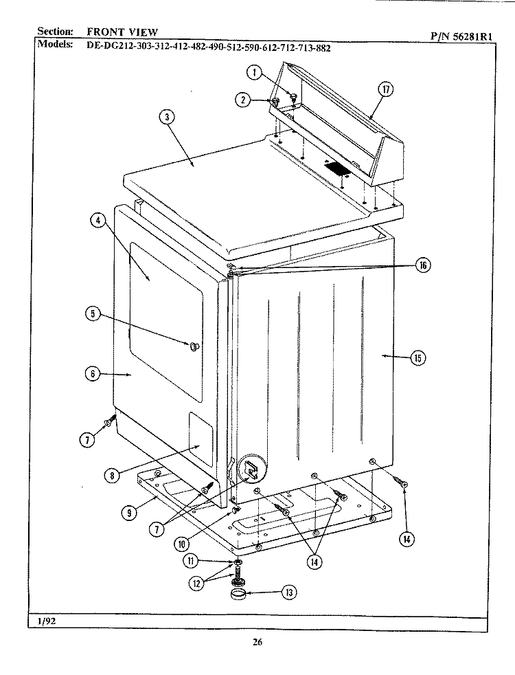 FRONT VIEW Diagram and Parts List for  Maytag Dryer