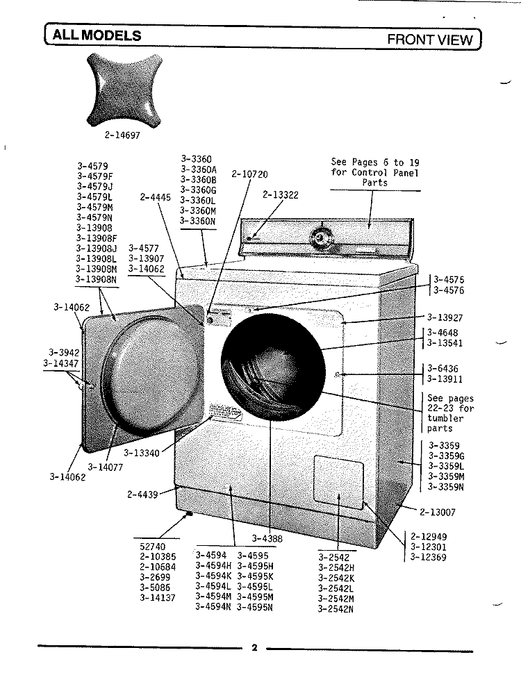 FRONT VIEW Diagram and Parts List for  Maytag Dryer