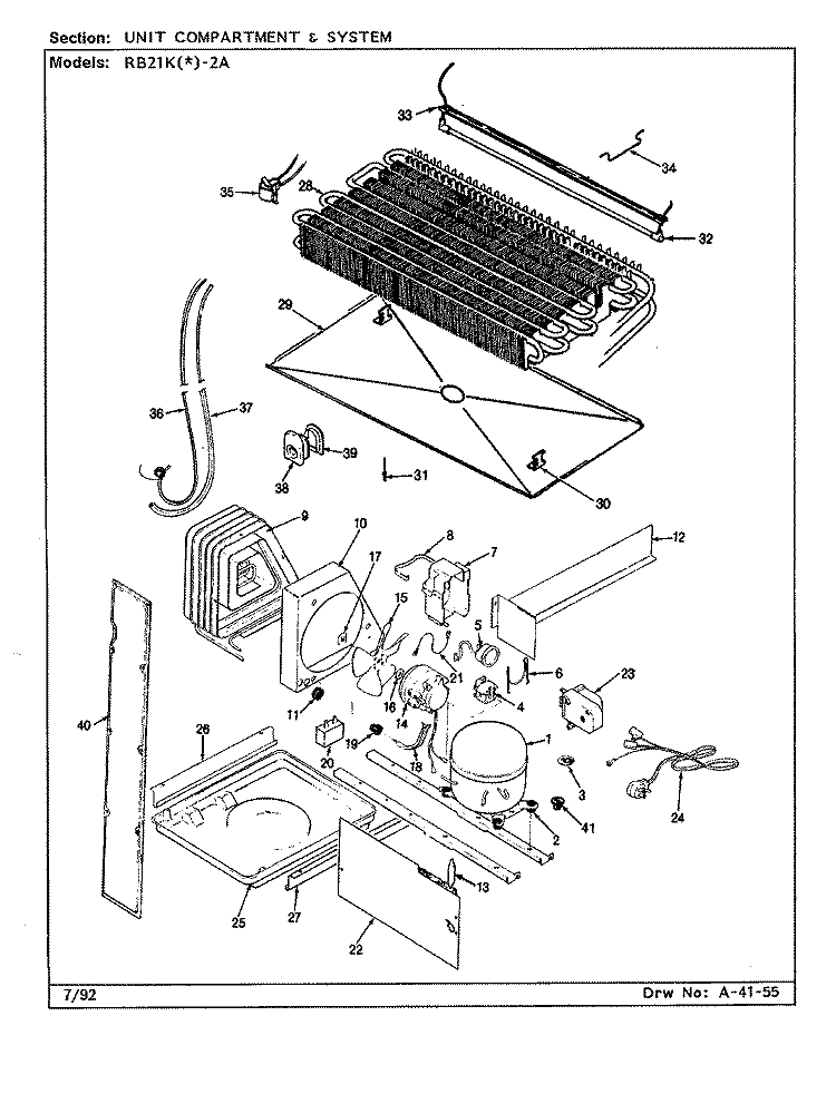 UNIT COMPARTMENT & SYSTEM Diagram and Parts List for RB21KA-2A CG80A Amana Refrigerator