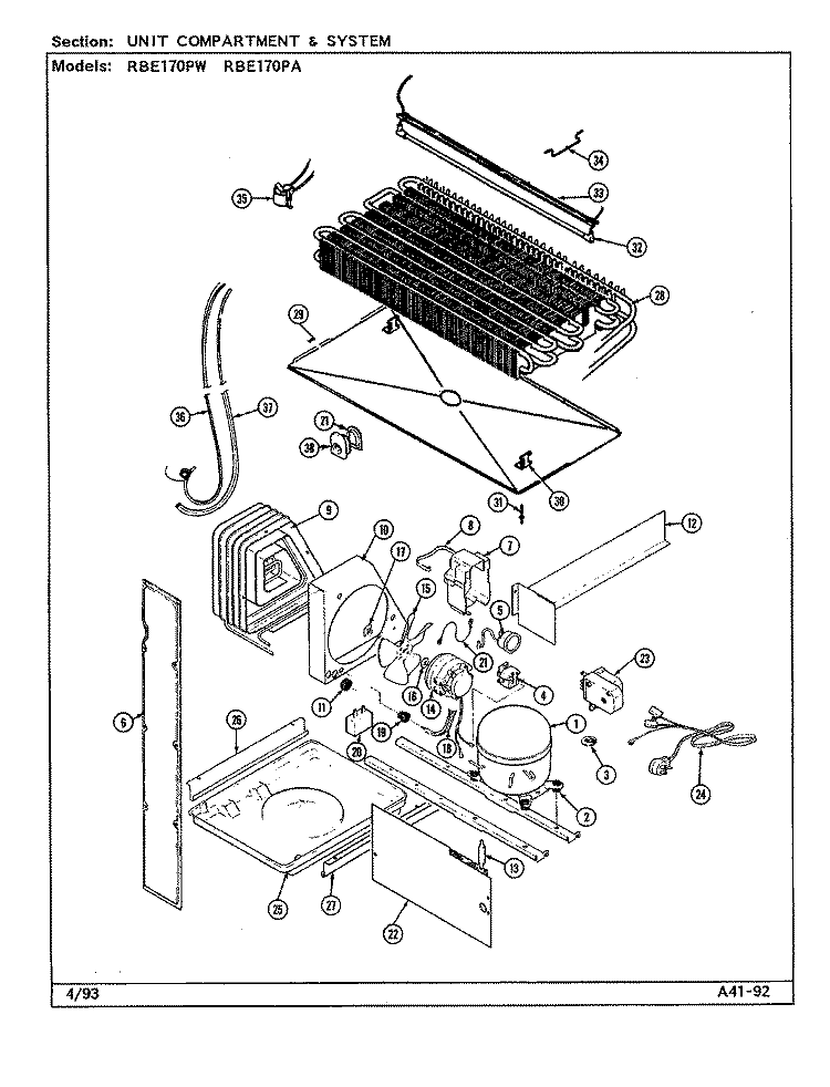 UNIT COMPARTMENT & SYSTEM Diagram and Parts List for RBE170PA DD32A Amana Refrigerator