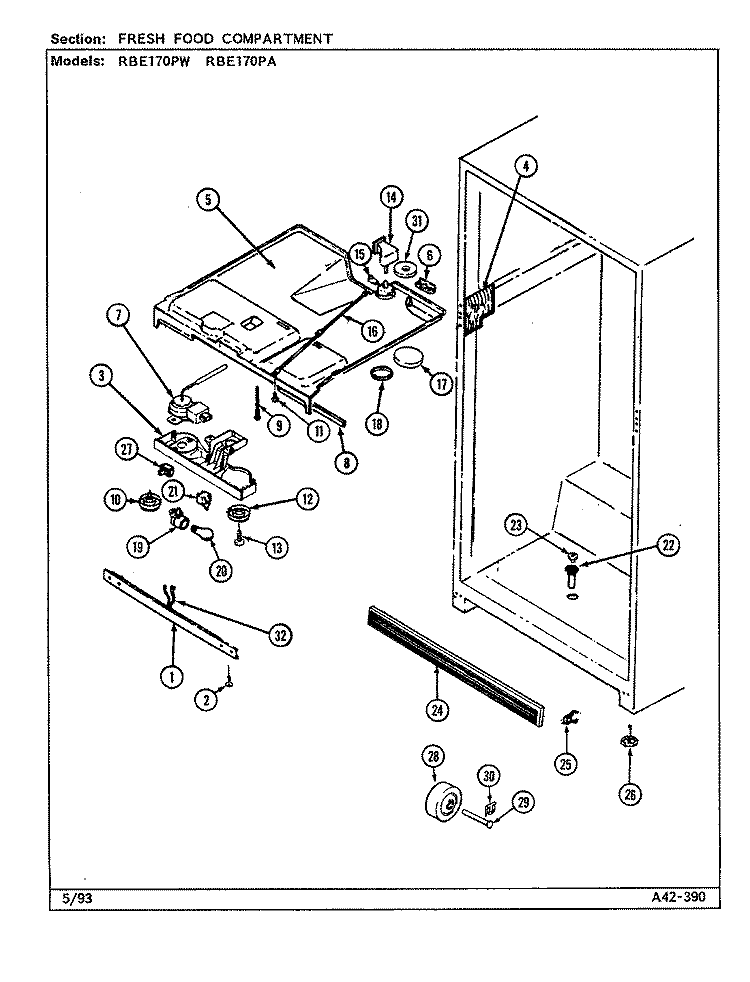 FRESH FOOD COMPARTMENT Diagram and Parts List for RBE170PA DD32A Amana Refrigerator