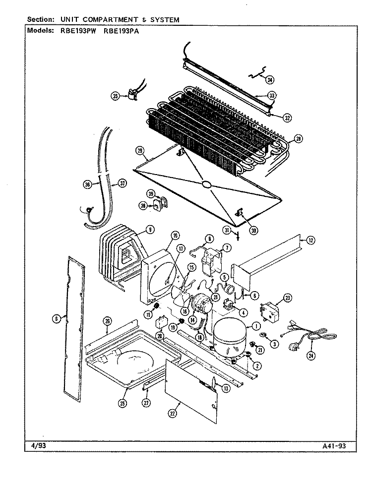 UNIT COMPARTMENT & SYSTEM Diagram and Parts List for RBE193PA DG63A Amana Refrigerator