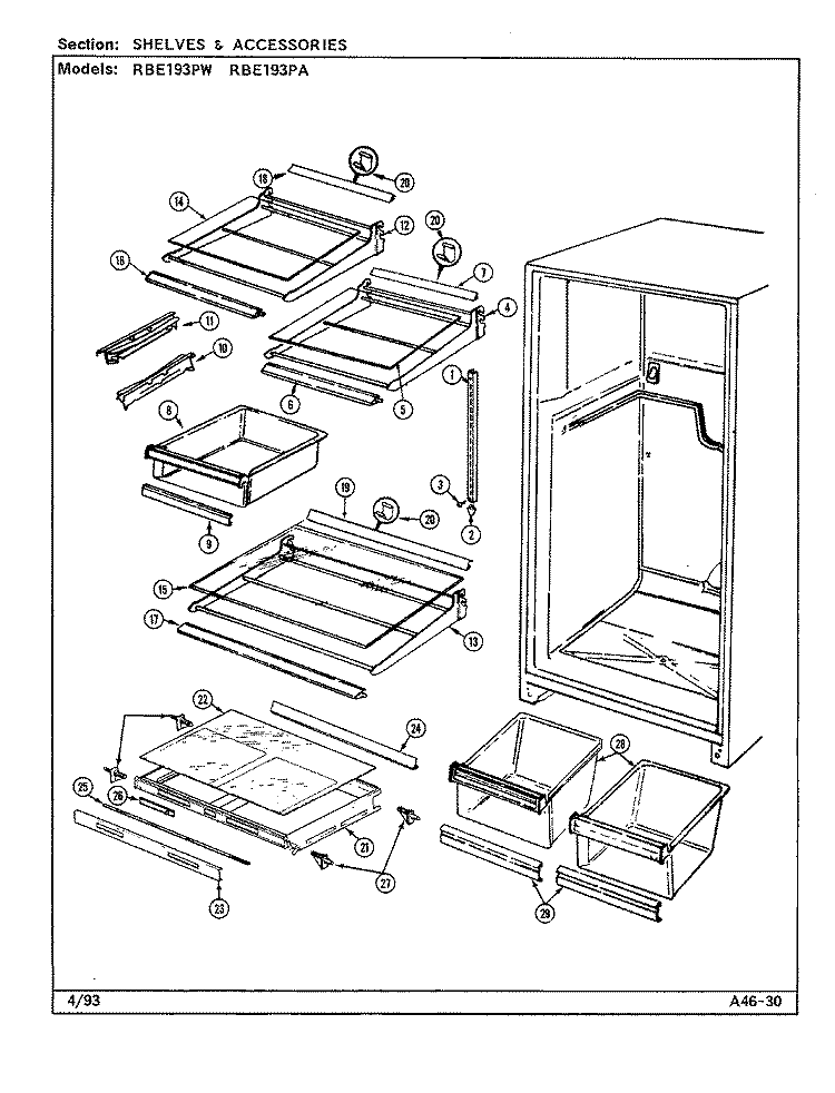 SHELVES & ACCESSORIES Diagram and Parts List for RBE193PA DG63A Amana Refrigerator