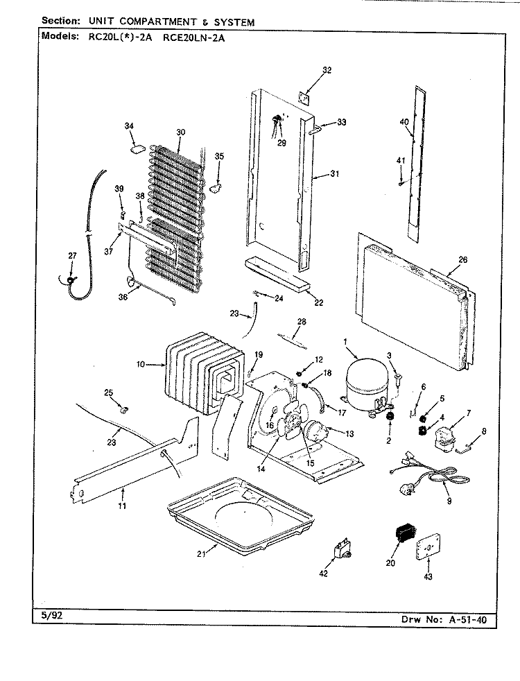 UNIT COMPARTMENT & SYSTEM Diagram and Parts List for RC20LA-2A BS01G Amana Refrigerator