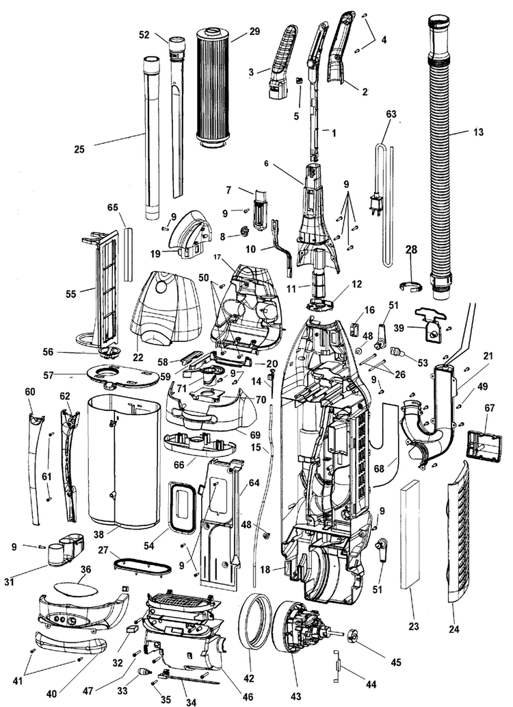 Motor, Handle, Dirt Cup, Hose Diagram and Parts List for U6618-900  Hoover Upright Vacuum