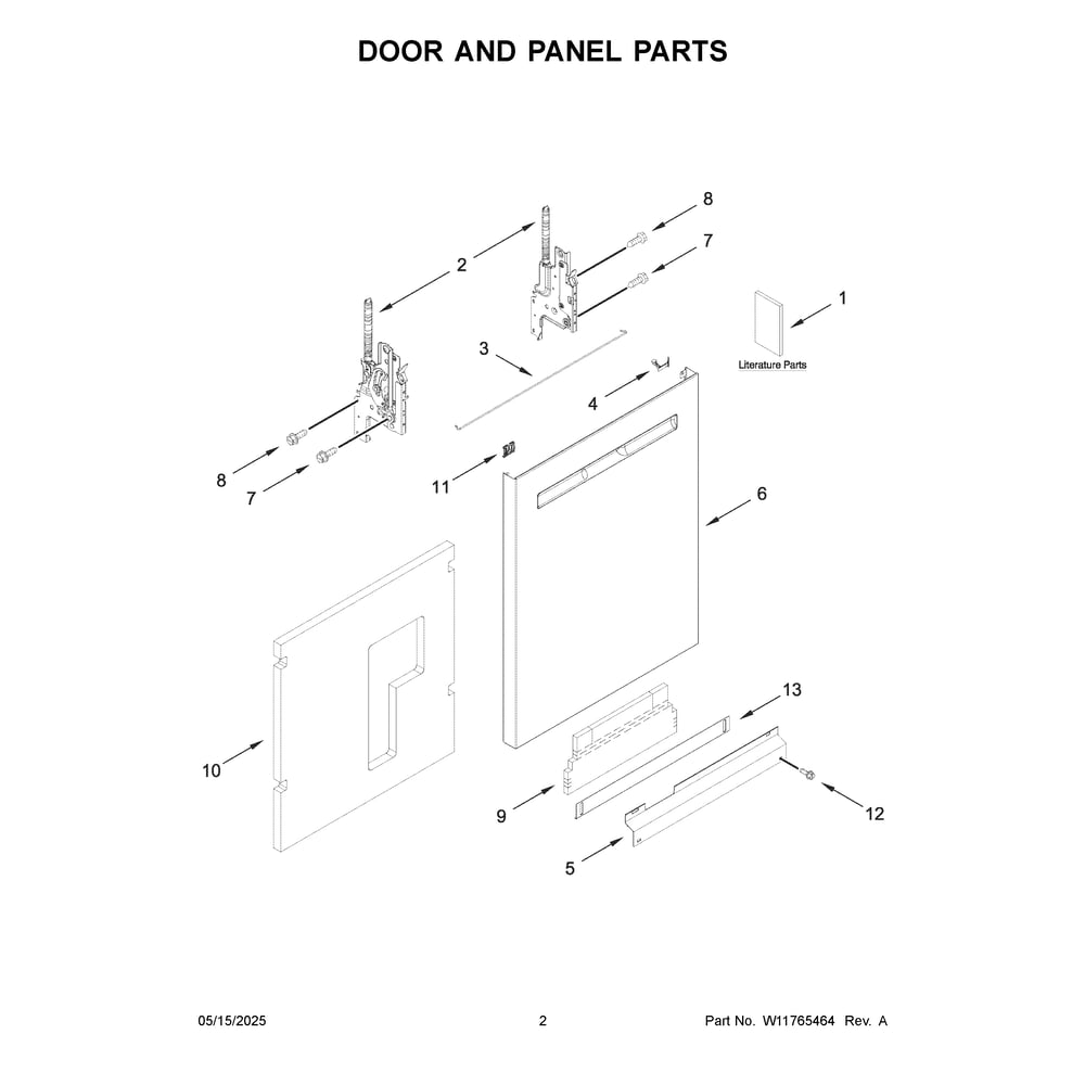 Door And Panel Parts Diagram and Parts List for  Maytag Dishwasher