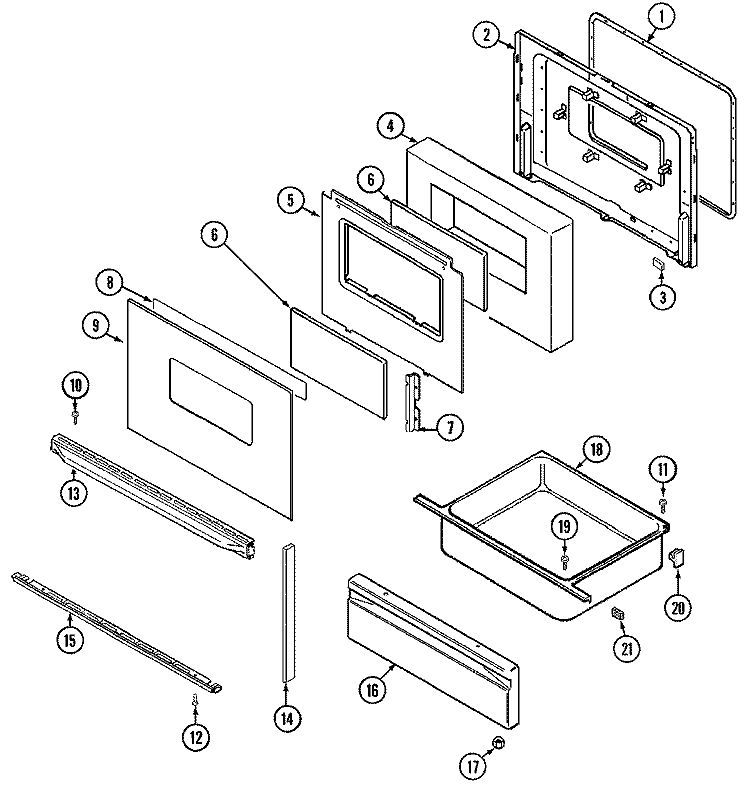 DOOR / DRAWER Diagram and Parts List for  Magic Chef Range