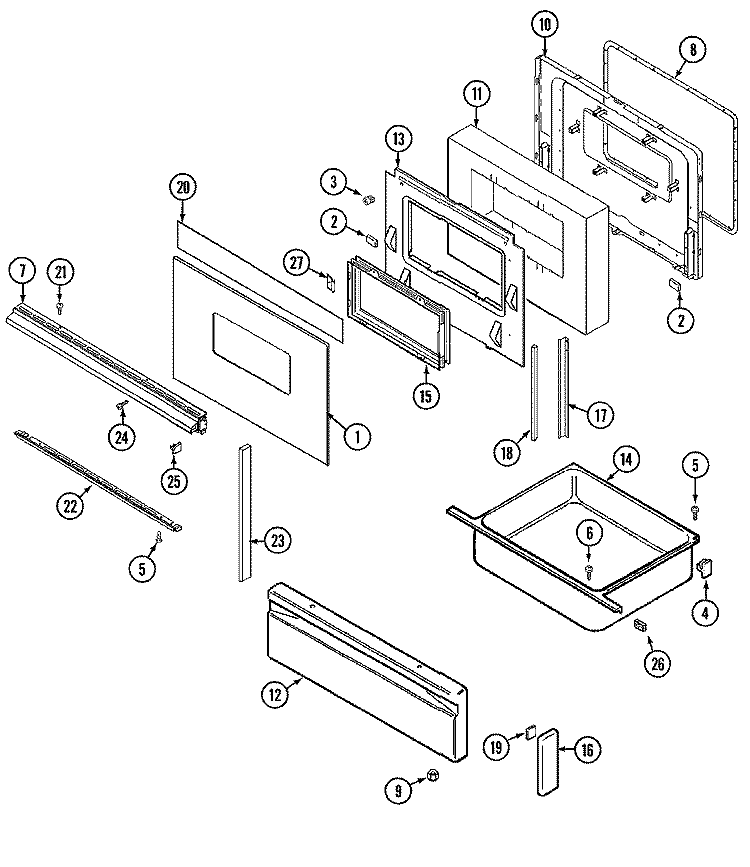 DOOR / DRAWER Diagram and Parts List for  Magic Chef Range