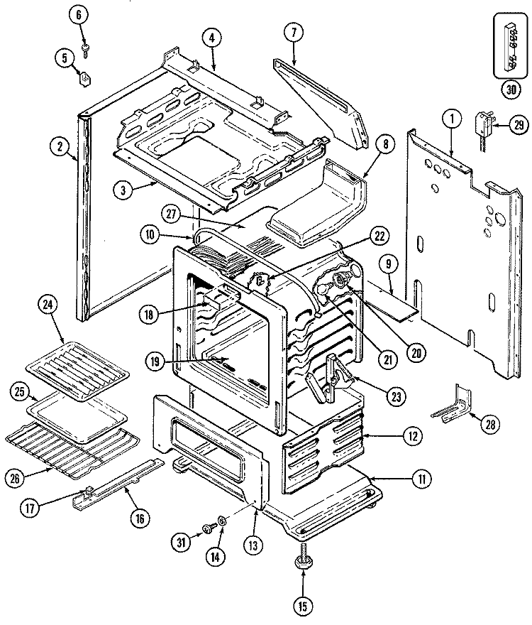 BODY / OVEN Diagram and Parts List for D3121XTALT  Maytag Range